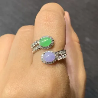 High-Icy Lavender and Green Natural Jadeite Cabochon Ring — S925 Silver · No. C196