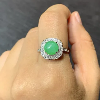 Soft Fresh Green Round Natural Jadeite Cabochon Ring — S925 Silver · No. D014