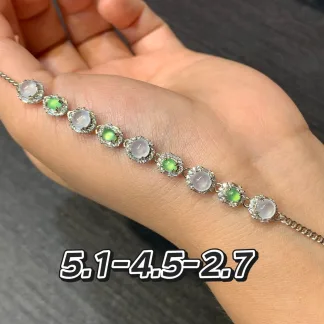 White and Green Natural Jadeite Cabochon Bracelet — S925 Silver · No. C440