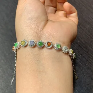 High-Icy Multicolor Natural Jadeite Cabochon Bracelet — S925 Silver · No. CC20