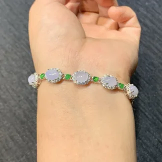 Icy Lavender and Vivid Green Natural Jadeite Cabochon Bracelet — S925 Silver · No. 25FC