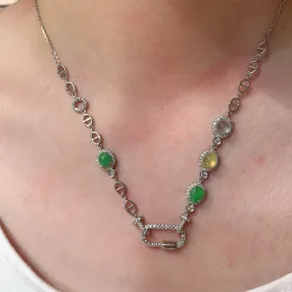 High-Icy Multicolor Natural Jadeite Convertible Cabochon Chain — S925 Silver · No. E0EB