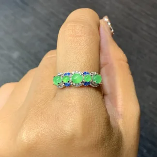 Icy Vivid Green Natural Jadeite Multi-Stone Cabochon Band — S925 Silver · No. 3A30