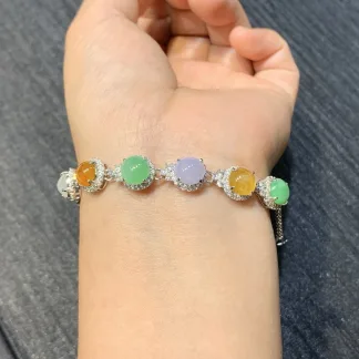 High-Icy Multicolor Large Cabochon Natural Jadeite Cabochon Bracelet — S925 Silver · No. 5550