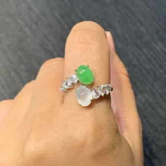 High-Icy Glowing White and Vivid Green Natural Jadeite Cabochon Ring — S925 Silver · No. DD57
