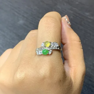 High-Icy Yellow and Green Natural Jadeite Cabochon Ring — S925 Silver · No. E480