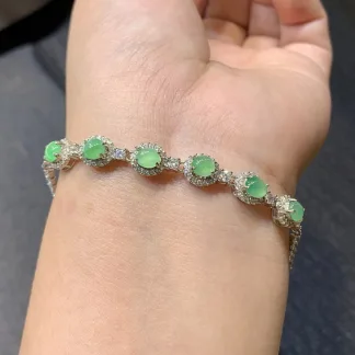 Icy Soft Vivid Green Natural Jadeite Cabochon Bracelet — S925 Silver · No. 80D8