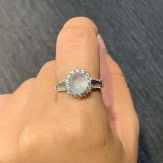 High-Icy Glowing Natural Jadeite Cabochon Ring — S925 Silver · No. D016