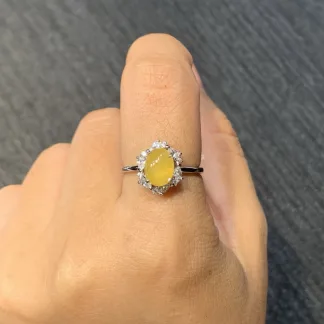 High-Icy Honey Yellow Natural Jadeite Cabochon Ring — S925 Silver · No. A98A