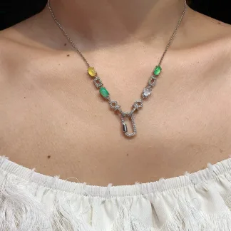 High-Icy Multicolor Natural Jadeite Convertible Cabochon Chain — S925 Silver · No. 0A39