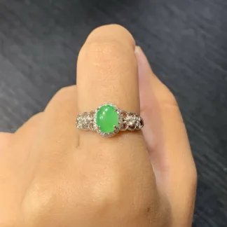 Icy Vivid Green Natural Jadeite Cabochon Ring — S925 Silver · No. 04D5