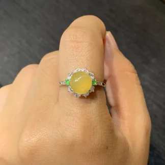 High-Icy Honey Yellow Natural Jadeite Cabochon Ring — S925 Silver · No. F73C
