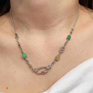 High-Icy Multicolor Natural Jadeite Convertible Cabochon Chain — S925 Silver · No. B59A