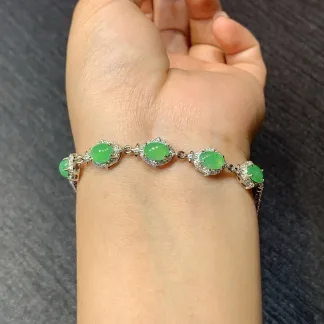 High-Icy Vivid Green Natural Jadeite Cabochon Bracelet — S925 Silver · No. 3CF3