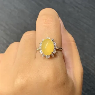 High-Icy Honey Yellow Natural Jadeite Cabochon Ring — S925 Silver · No. DAB7
