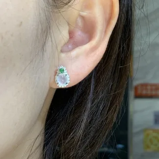 High-Icy Glowing Natural Jadeite Cabochon Stud Earrings — S925 Silver · No. 941C