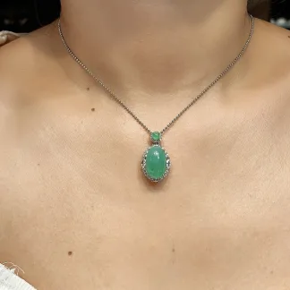 Icy Vivid Green Natural Jadeite Cabochon Pendant — S925 Silver · No. DA6F