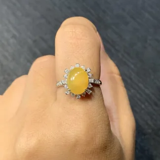 High-Icy Honey Yellow Natural Jadeite Cabochon Ring — S925 Silver · No. C096