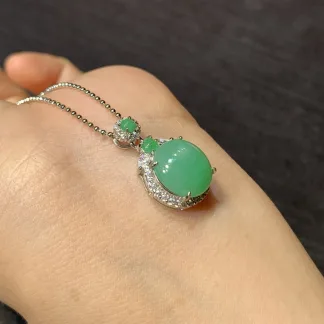 Icy Fresh Vivid Green Natural Jadeite Cabochon Pendant — S925 Silver · No. D4B0