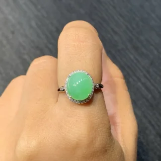 Icy Fresh Vivid Green Natural Jadeite Cabochon Ring — S925 Silver · No. A308