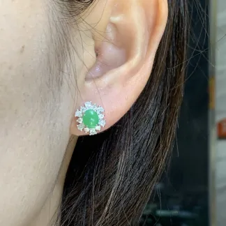 Icy Vivid Green Natural Jadeite Cabochon Stud Earrings — S925 Silver · No. BB37