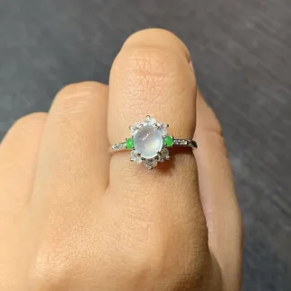 High-Icy Glowing Natural Jadeite Cabochon Ring — S925 Silver · No. AFB2