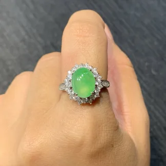 Icy Vivid Green Clear Natural Jadeite Cabochon Ring — S925 Silver · No. 96E9