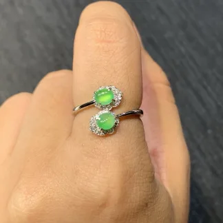 High-Icy Glowing Green Natural Jadeite Twin Cabochon Ring — S925 Silver · No. 6806