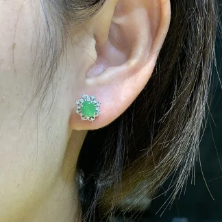 Icy Vivid Green Natural Jadeite Cabochon Stud Earrings — S925 Silver · No. 7691