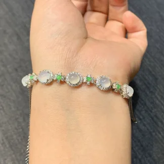 Icy Glowing and Green Natural Jadeite Cabochon Bracelet — S925 Silver · No. F786