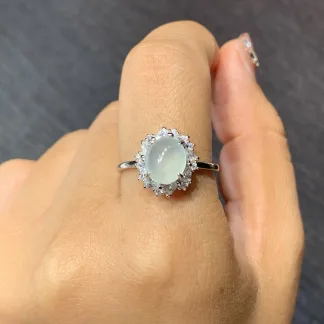 High-Icy Glowing Natural Jadeite Cabochon Ring — S925 Silver · No. 986F