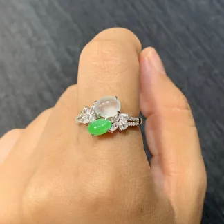 High-Icy White and Green Natural Jadeite Cabochon Ring — S925 Silver · No. C9C6