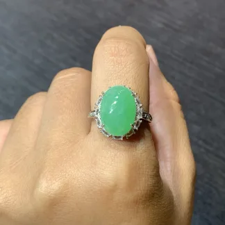 Icy Fresh Vivid Green Natural Jadeite Cabochon Ring — S925 Silver · No. 35E9