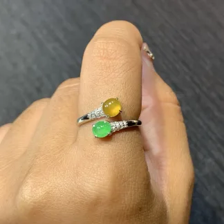 High-Icy Yellow and Green Natural Jadeite Cabochon Ring — S925 Silver · No. 75FC
