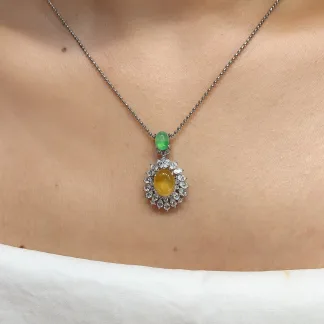 High-Icy Honey Yellow Natural Jadeite Cabochon Pendant — S925 Silver · No. F2AC