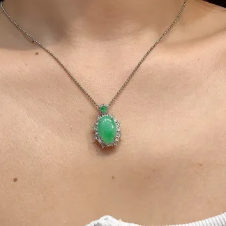 Icy Vivid Green Natural Jadeite Cabochon Pendant — S925 Silver · No. 3828