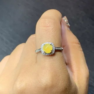 High-Icy Honey Yellow Natural Jadeite Cabochon Ring — S925 Silver · No. 5948