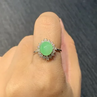 Icy Fresh Vivid Green Natural Jadeite Cabochon Ring — S925 Silver · No. 1E7F