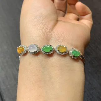 High-Icy Multicolor Natural Jadeite Cabochon Bracelet — S925 Silver · No. 77CC