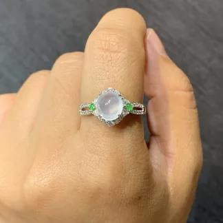 High-Icy Glowing Natural Jadeite Cabochon Ring — S925 Silver · No. 39D4