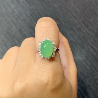 Icy Vivid Green Natural Jadeite Cabochon Ring — S925 Silver · No. 9DD6