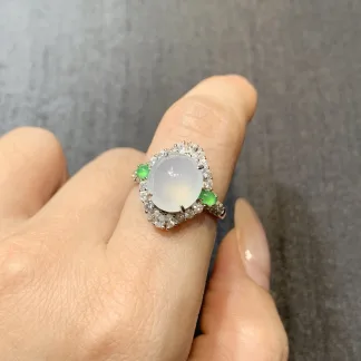 High-Icy White Natural Jadeite Cabochon Ring — S925 Silver · No. 0E0C