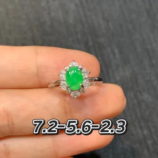 Icy Vivid Green Natural Jadeite Cabochon Ring — S925 Silver · No. A8B8