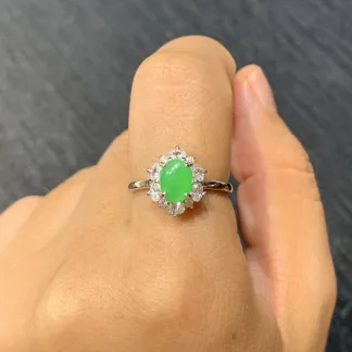Icy Vivid Green Natural Jadeite Cabochon Ring — S925 Silver · No. A8B8
