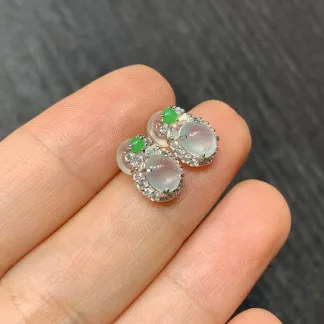 High-Icy Glowing Natural Jadeite Cabochon Stud Earrings — S925 Silver · No. 14F3