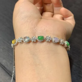 High-Icy Multicolor Natural Jadeite Cabochon Bracelet — S925 Silver · No. 0AB4