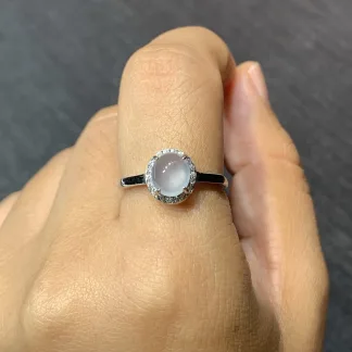 High-Icy Glowing Natural Jadeite Cabochon Ring — S925 Silver · No. DA2C