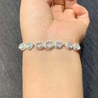 High-Icy Glowing Natural Jadeite Cabochon Bracelet — S925 Silver · No. B82C