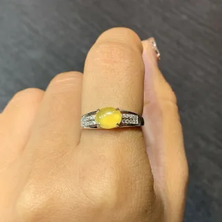 High-Icy Honey Yellow Natural Jadeite Cabochon Ring — S925 Silver · No. 58E9