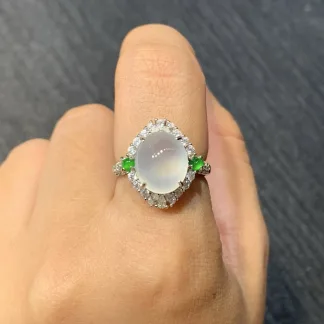 High-Icy Glowing Natural Jadeite Cabochon Ring — S925 Silver · No. 48C1